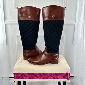 Tory Burch Rowan Quilted Riding Boot, Chestnut & Charcoal Grey, Size 7.5